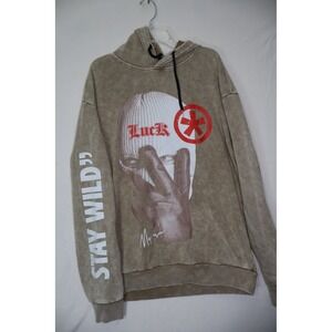 Romwe‎ Mens Acid Wash Graphic Hoodie Brown Stay Wild Luck Balaclava Streetwear M